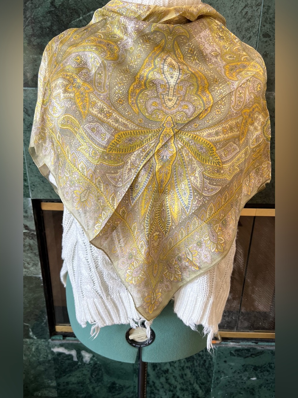 Elegant Christian Jacquard Silk Scarf Yellow Olive Paisley Square Luxury Wrap